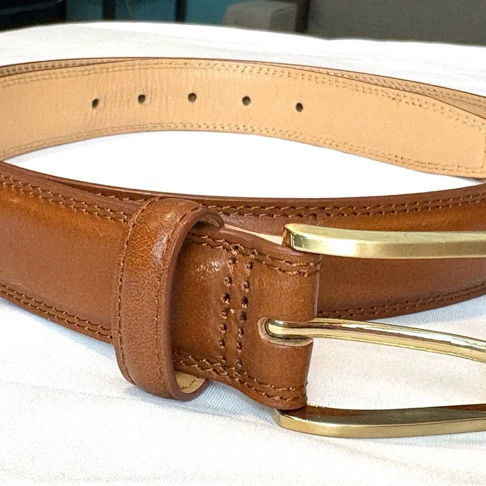 Lands' End Men's Tan Leather Belt with Gold Buckle